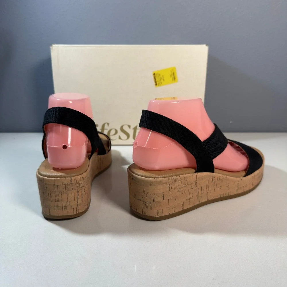 LifeStride Odette Wedge Sandals Womens 8 Black New Canvas Cork Platform Comfort